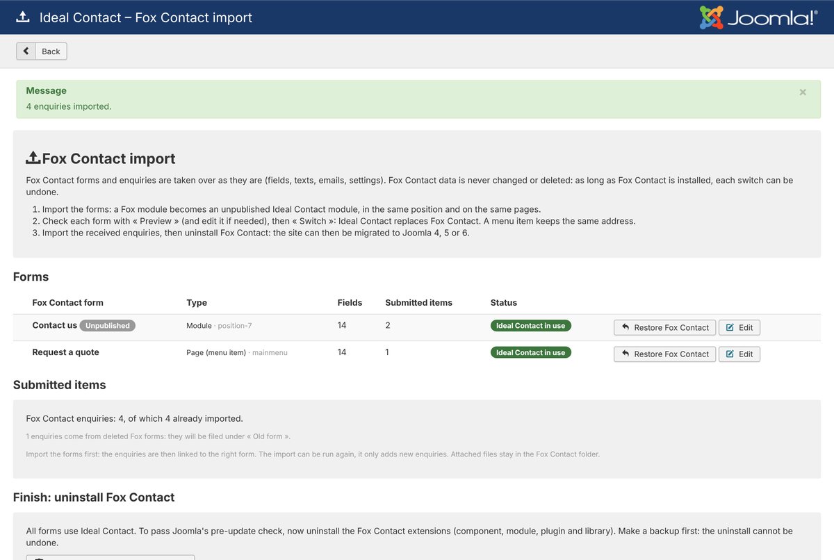 Switch to Ideal Contact and import of the enquiries